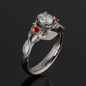 Solid 18k White Gold Diamond and Rubies Leaf Engagement Ring