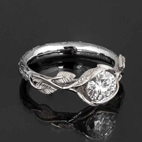 18k Black and White Gold Twig and Leaves Textured 1ct Diamond Engagement Ring