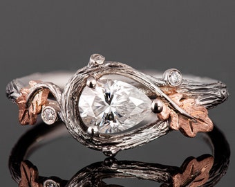 Twig and Oak Leaves Black Engagement Ring Set with Pear-Shaped Diamond