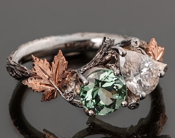 Moi Et Toi Two Stone Twig and Maple Leaf Engagement Ring set with Pear Shaped Diamond and Mint-Green Tourmaline