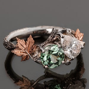 Moi Et Toi Two Stone Twig and Maple Leaf Engagement Ring set with Pear Shaped Diamond and Mint-Green Tourmaline