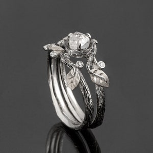 Rough Diamond Bridal Set, Rough Diamond engagement ring, Twig and Leaf Engagement Ring, raw diamond ring, rough diamond ring, uncut