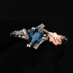 Teal Sapphire Ring, Twig and Leaf Engagement Ring, Twig Engagement Ring, Oak Leaf Teal Sapphire Ring, Leaves Ring, Twig Ring