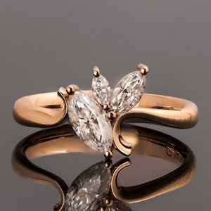 Solid 18k Rose Gold Asymmetric Marquise Diamond Cluster Engagement Ring