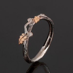 Twig and Oak Leaves Wedding Band Set with Diamonds