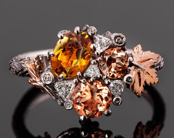 Multi-Stone Maple Leaf Engagement Ring with Pink Peach Orange Tourmaline and Diamonds Cluster