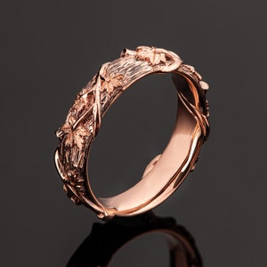 Twig and Maple Leaf Wedding Ring, 18K Rose Gold Bark Wedding Ring