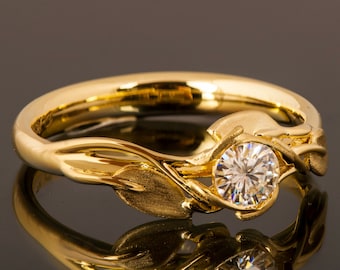 Leaves Engagement Ring, 18K Yellow Gold and Diamond engagement ring