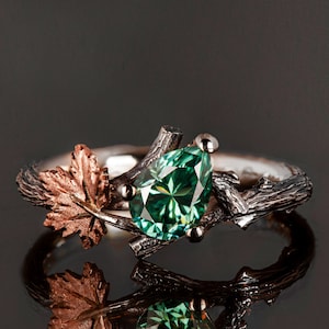 Türkis Moissanite Zweig und Blatt Verlobungsring, Zweig Verlobungsring, Ahornblatt grün Moissanite Ring