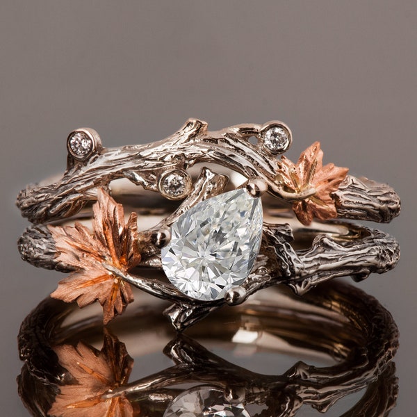 Bague de fiançailles brindille et feuille, parure nuptiale brindille, bague moissanite feuille d'érable, bague feuilles, bague brindille, bague de fiançailles