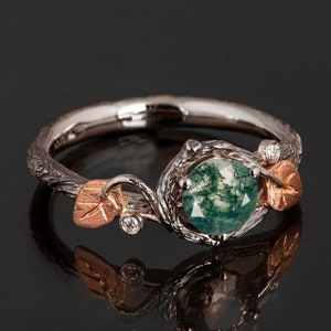 Tree Branch and Leaves Moss Agate Engagement Ring, Twig and Leaf Moss Agate Ring