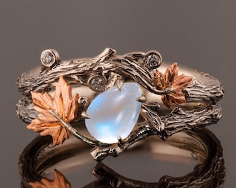 Twig and Leaf Bridal Set, Moonstone engagement ring, Maple Leaf Moonstone Ring, Moonstone twig ring, 18k Rose Gold Moonstone Ring