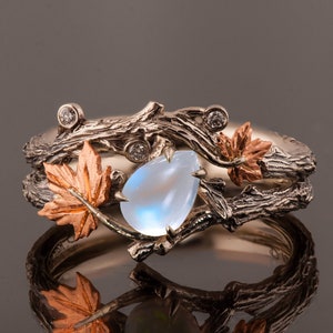 Twig and Leaf Bridal Set, Moonstone engagement ring, Maple Leaf Moonstone Ring, Moonstone twig ring, 18k Rose Gold Moonstone Ring