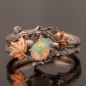 Zweig und Blatt Verlobungsring, Opal Braut Set, Ahornblatt Opal Ring, Opal Zweig Ring, 18k Rosegold Opal Ring