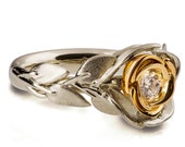 Rose Engagement Ring, 18K Yellow Gold and Diamond engagement ring, unique engagement ring, leaf, flower ring, art nouveau,vintage