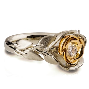 Rose Engagement Ring, 18K Yellow Gold and Diamond engagement ring, unique engagement ring, leaf, flower ring