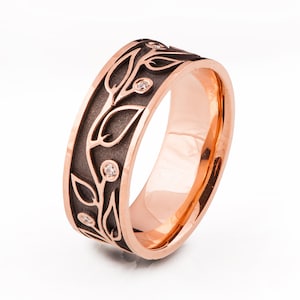 Black Wedding Band, 18K Rose gold Ring, Leaves Wedding Band