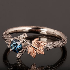 Teal Sapphire Ring, Twig and Leaf Engagement Ring, Twig Engagement Ring, Maple Leaf Teal Sapphire Ring, Leaves Ring, Twig Ring