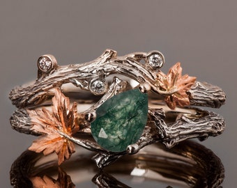 Tree Branch and Maple Leaf Moss Agate Wedding Set, Twig and Maple Leaf Moss Agate Rings