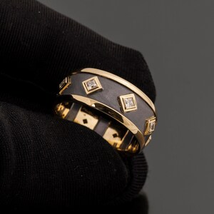 Black and 18K Gold Wide Men&#39;s Band Set with Princess Cut Diamonds