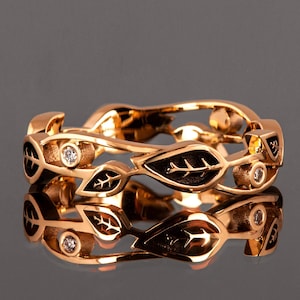 Black Leaves 18k Rose Gold Wedding Band, Leaves Diamond Ring