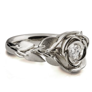 18K White Gold and Diamond Rose engagement ring, engagement ring, leaf ring, flower