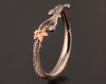 Twig and Leaf Wedding Ring, 18K Gold Bark Wedding Ring, Unique Wedding ring, Two tone Wedding band, bark wedding ring, Maple leaf ring.