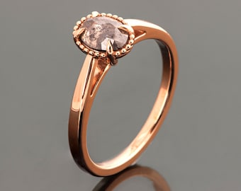 18k Rose Gold Oval Salt & Pepper Claw Set Milgrain Engagement Ring