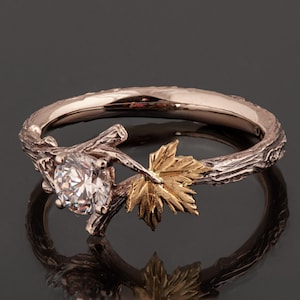 Maple Twig and Leaf Diamond Engagement Ring