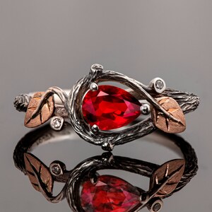 Twig and Leaves Black Engagement Ring Set with Pear-Shaped Pigeon Blood Red Ruby