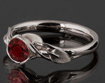 Leaves Engagement Ring - 18K White Gold and Ruby engagement ring, engagement ring