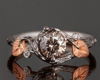 Rustic Gray Salt and Pepper Round-Cut Diamond Twig and Leaf Engagement Ring