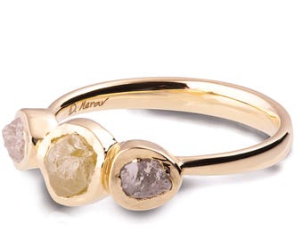 Raw Diamonds Engagement Ring, 18K Yellow Gold Raw Diamond Ring, Three stone ring, Rough Diamond engagement ring, three stone engagement ring