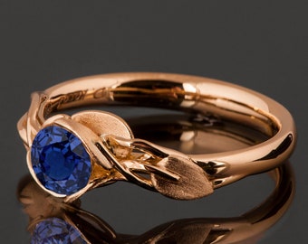 18k Rose Gold Leaves Engagement Ring Set with a Blue Sapphire