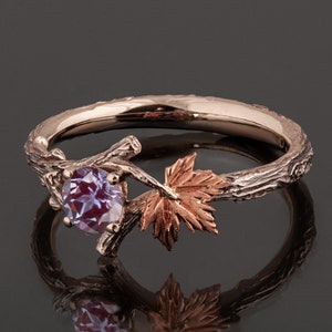 Maple Twig and Leaf Alexandrite Engagement Ring