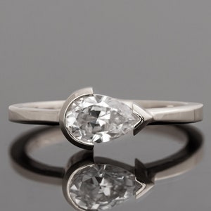 Solid 18k White Gold Horizontal Set Pear-Shaped Minimalistic Diamond Engagement Ring