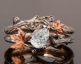 Twig and Leaf Engagement Ring, Twig Bridal Set, Maple Leaf Diamond Ring, Leaves Ring, Twig Ring, Engagement Ring