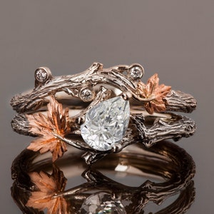Twig and Leaf Engagement Ring, Twig Bridal Set, Maple Leaf Diamond Ring, Leaves Ring, Twig Ring, Engagement Ring