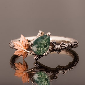 Ast und Ahornblatt Moosachat Verlobungsring, Zweig und Ahornblatt Moosachat Ring