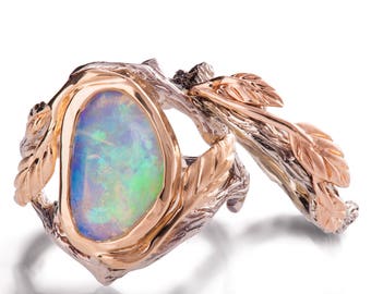 Twig and Leaf Engagement Set, 18k, Opal engagement ring, Unique Engagement ring, Rose Gold Opal ring, Twig Opal Ring, Leaf Opal Ring