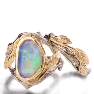 Twig and Leaf Engagement Set, 18k, Opal engagement ring, Unique Engagement ring, Opal ring, Twig Opal Ring, Leaf Opal Ring