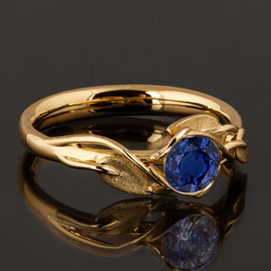 Yellow Gold Blue Sapphire Leaf Ring