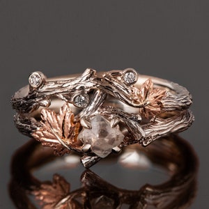 Rough Diamond Bridal Set, Twig and Maple Leaf Engagement Ring, raw diamond ring