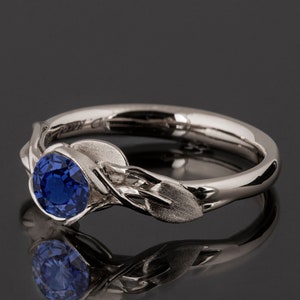 Blue Sapphire Leaves Engagement Ring, 18K White Gold and Sapphire engagement ring, unique engagement ring