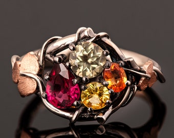 Multi-Stone Morning Glory Leaf Engagement Ring with a Cluster of Ruby and Sapphires