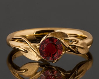 Leaves Engagement Ring - 18K Yellow Gold and Ruby engagement ring, engagement ring, leaf ring, filigree, antique, July Birthstone,recycled,6
