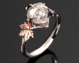 Large Rough Diamond engagement ring, Twig and Maple Leaf Engagement Ring, Large raw diamond ring