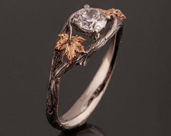 Maple Twig and Leaf Diamond Engagement Ring