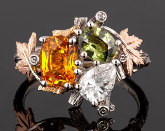 Multi-Stone Maple Leaf Engagement Ring with Green and Orange Sapphires and Diamond Cluster