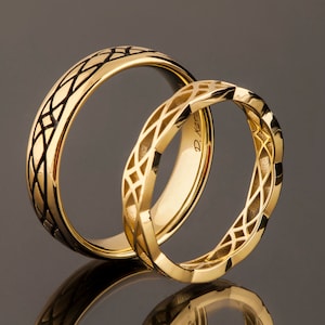 Solid Gold His and Hers Wedding Rings, His and Hers Celtic Wedding Band set, Positive Negative Wedding Bands